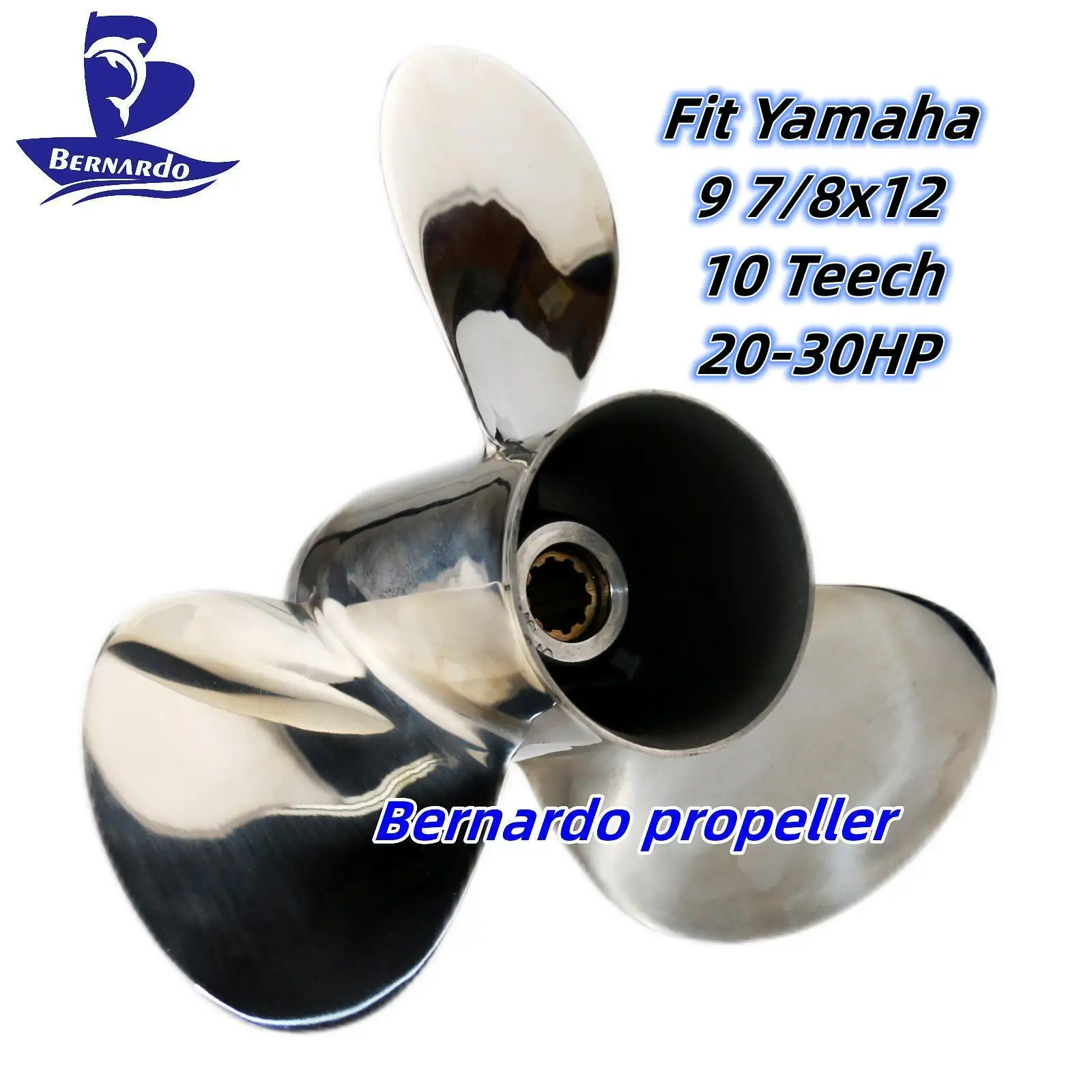 Bernardo Boat Propeller 9 7/8x12 Fit Yamaha Outboard Engine 20 25 30 HP Motor Stainless Steel Screw 3 Blade 10 Tooth Spline