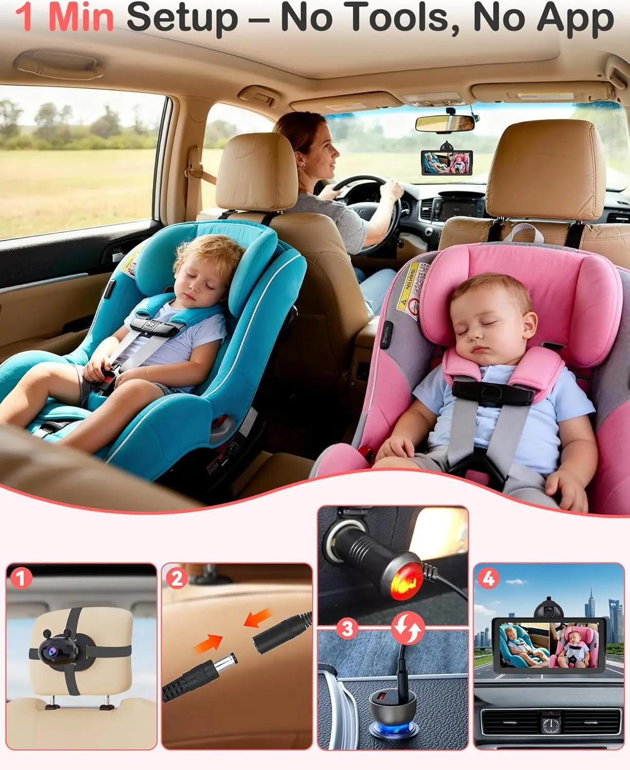 6.9 Inch HD Dual Baby Car Camera: Split Screen for 2 Kids, Night Vision, Easy Install