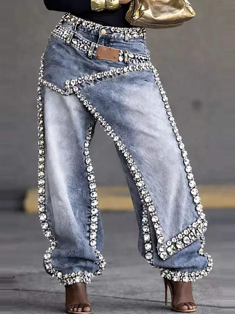 

BKQU Splice Rhinestone Fashion Jeans Women Fake Two-piece Midi Waist Loose Vintage Wash Denim Wide Leg Pants 2026 Streetwear