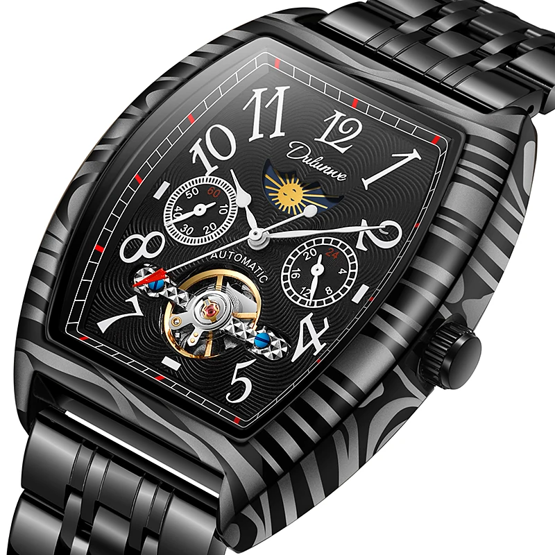 

Роскошные мужские часы с узором из углеродного волокна, лучший бренд, турбийон, водонепроницаемые, черные, стальные, высококачественные автоматические механические часы