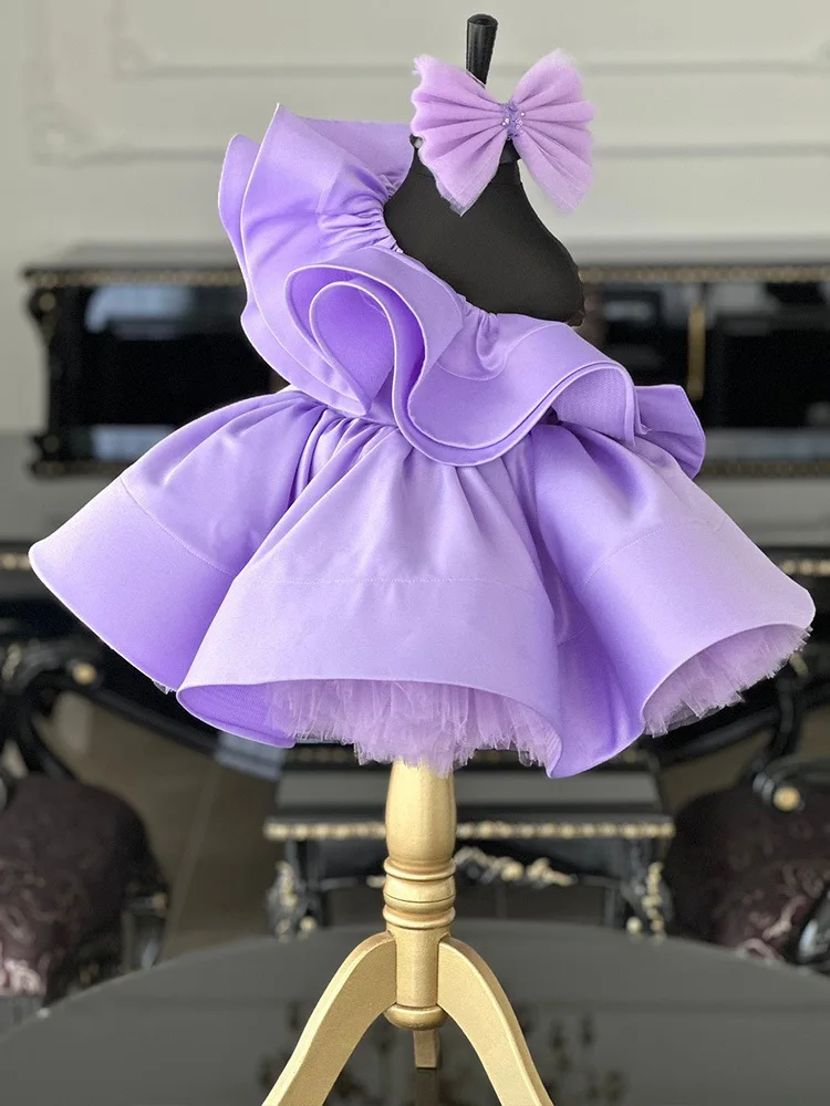 Luxe Meisjes Prinses Lotus Blad Kraag Enkele Schouder Paarse Kinderen Strik Tutu Bruiloft Kids Jurken Baby Verjaardag Feest Jurk