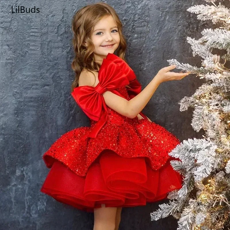 

Red Sequins Dress Flower Girl Children Baptism Outfit Kids Birthday Party Tutu Vestidos Matching Elegant Big Bow Frocks Boutique