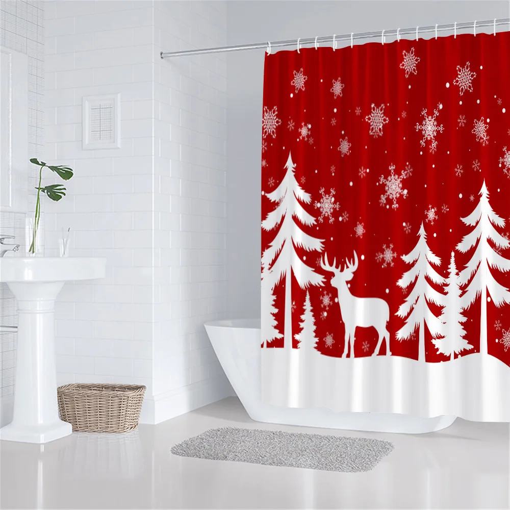 Christmas Shower Curtain Xmas Trees Snowflake Winter New Year Bath Curtains Polyester Fabric Home Bathroom Decoration With Hooks