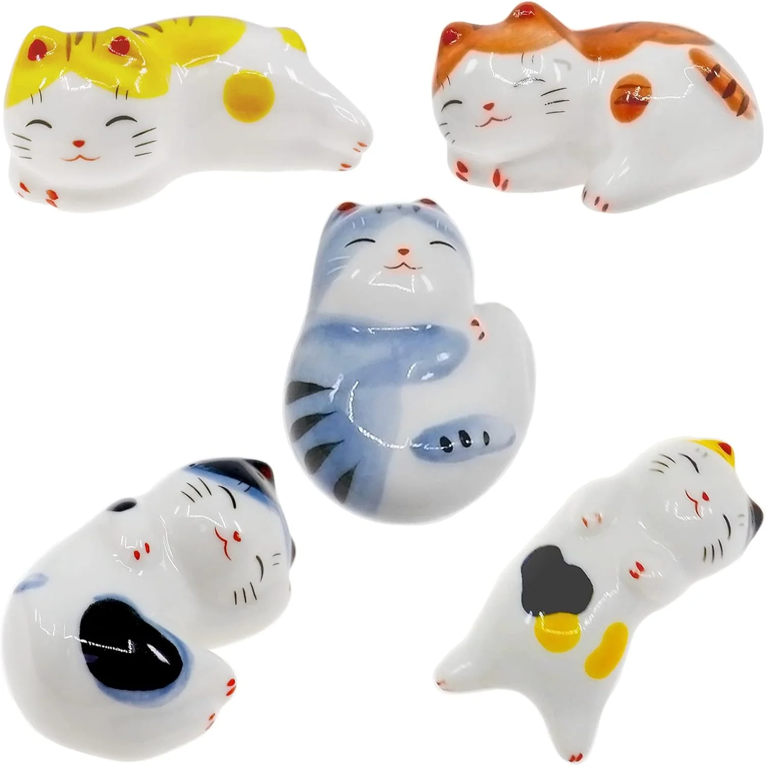 Set of 5 Cute Lucky Cat Japanese Style Hand Painted Ceramics Ware Chopsticks Stand, Chopsticks Holder Spoon Forks Chopsticks Res