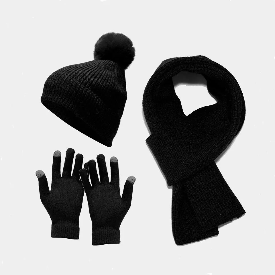 Winter Knitted hat hairball set pure colorful scarf gloves three-piece set warm thickened set with velvet outdoor Fashion quipme