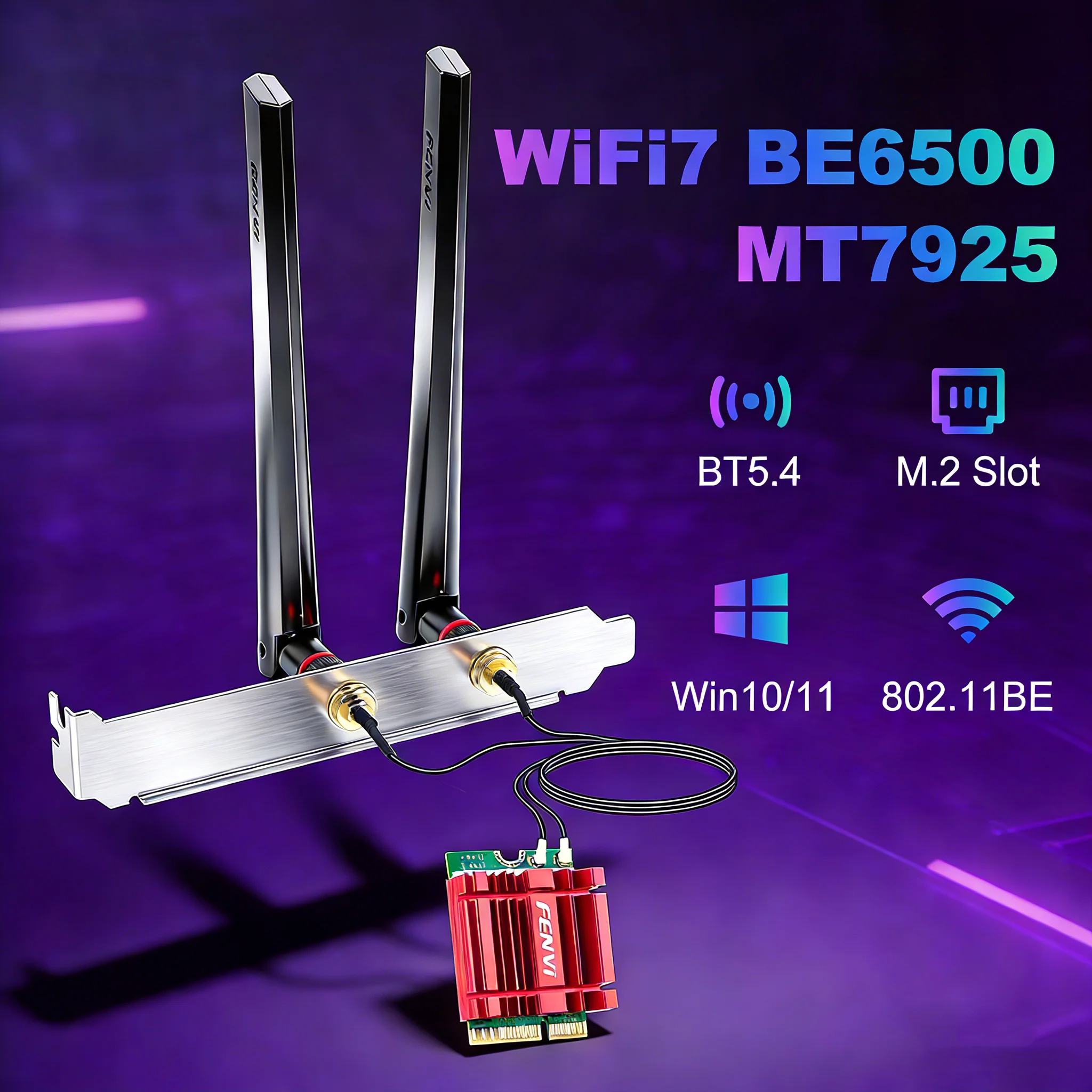 

Сетевой адаптер FENVI WiFi 7 MT7925 BT5.4 M.2, 6500 Мбит/с, 802.11BE, 2,4G/5G/6 ГГц, беспроводной Ethernet-адаптер для Win10/11