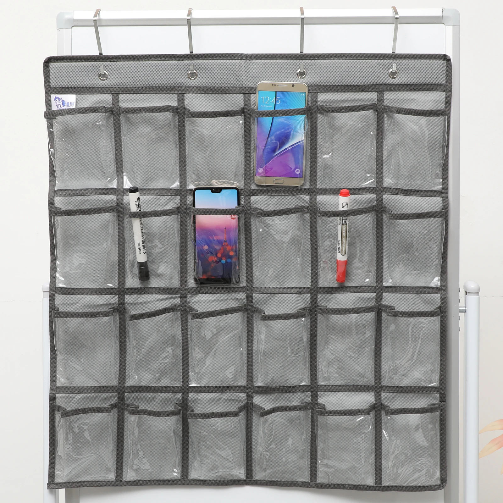 

24-Grid Jewelry Pouch Hanging Bag Classroom Phone Storage Wall Organizer Grey Edge Non Woven Fabric Pockets