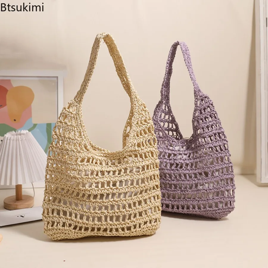 New Knitted Straw Large Capacity Handbag Hollow Out Hand Woven Beach Shoulder Bag for Women Seaside Tote Perfect for Vacations