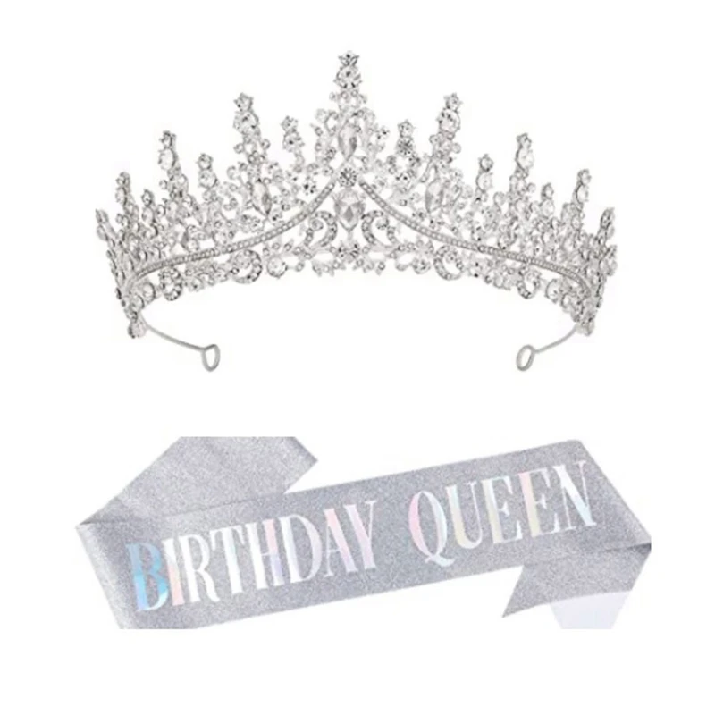 Birthday Crowns For Women Silver Birthday Queen Sash And Tiara Set Rhinestone Princess Headband Reusable For Birth Day Party