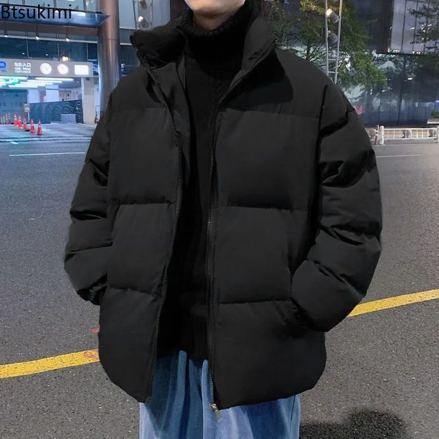 

Men's Winter Fashion Casual Trendy Loose Black Solid Color Stand Collar Zipper Jacket Parkas Male Clothes Cotton Padded Coats