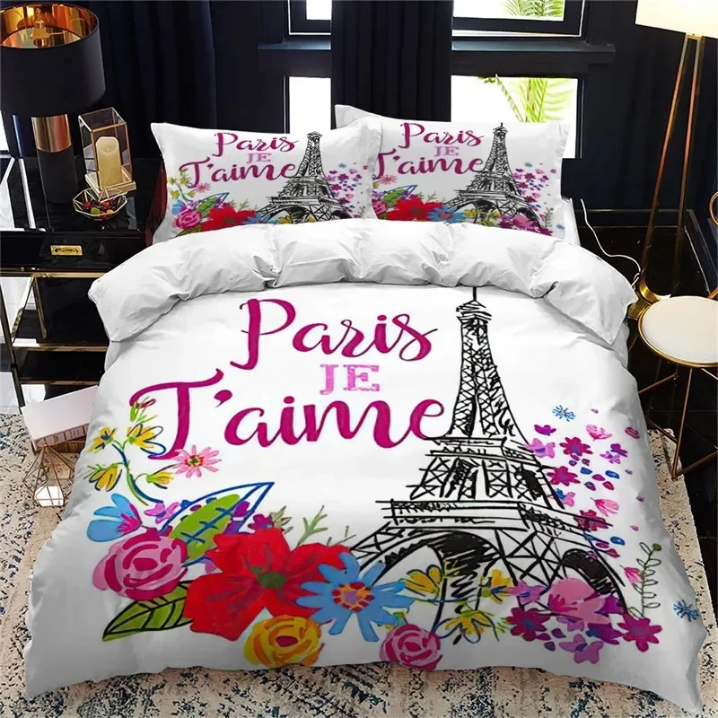 Eiffel Tower Duvet Cover Romantic Paris Bedding Set Microfiber 3D Floral Comforter Cover King Queen For Boys Girls Bedroom Decor
