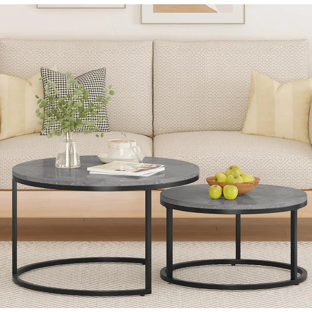 Round Coffee Tables Set of 2, Nesting Tables Modern Living Room Center Table with Grey freight free