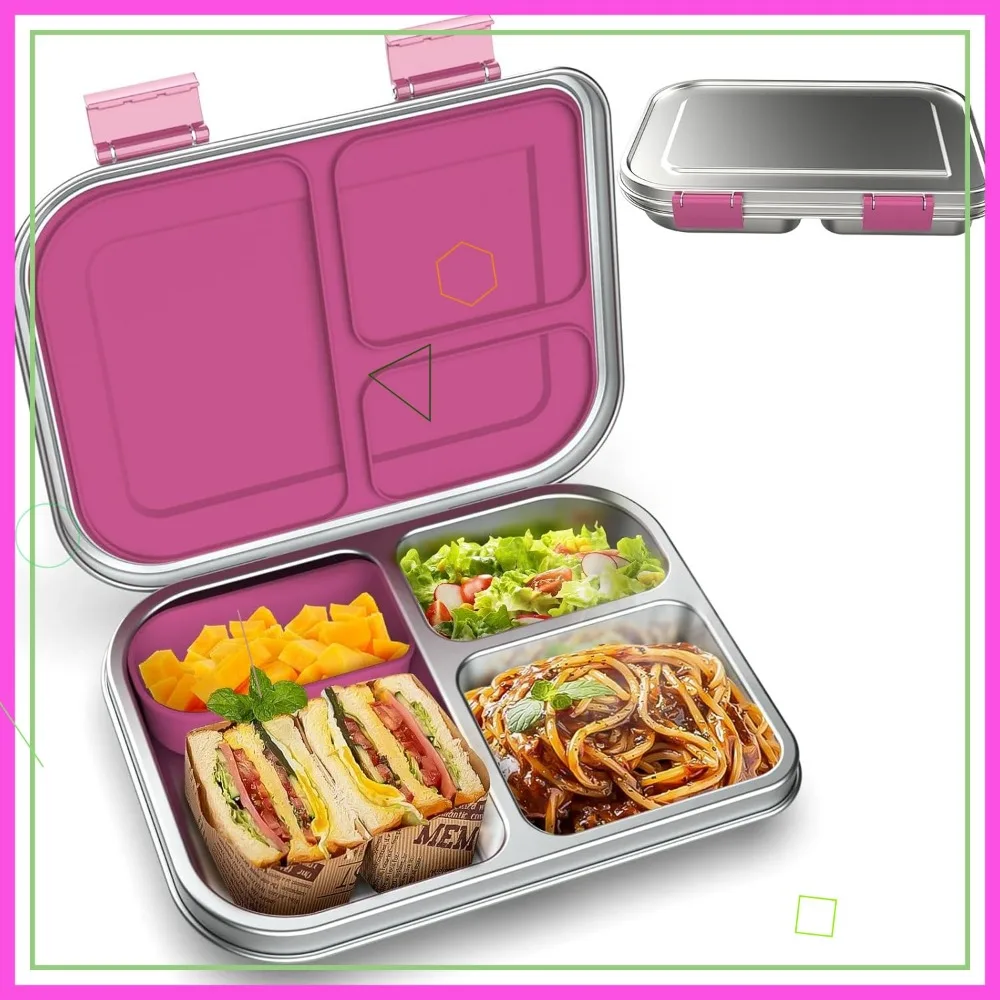 

Leak-Proof Stainless Steel Kids Bento Lunch Box, 3 Compartments with Silicone Container, Dishwasher-Safe for School & Travel