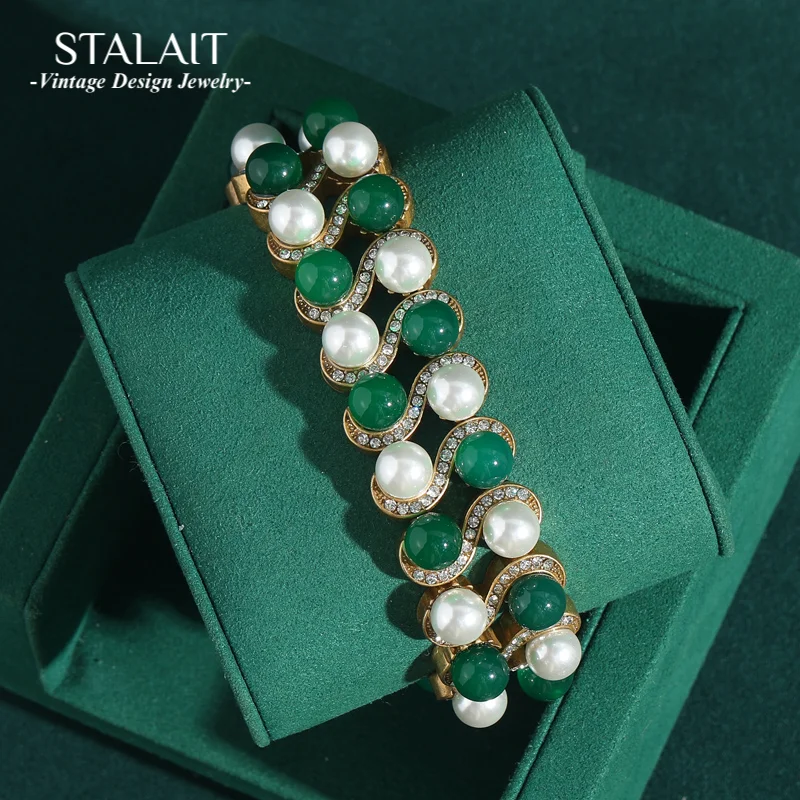 

Vintage Green Glass Beads Bracelet For Women Wide Pearl Wedding Rhinestones Bangle Beach Accessories Handmade Antique Jewelry