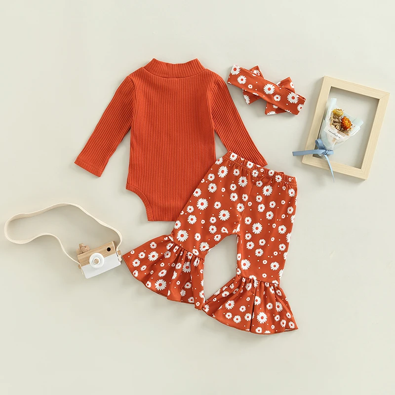 0-18M Baby Girl Casual Autumn Suit Solid Color Rib Long Sleeve Turtleneck Jumpsuit + Mosaic Print Flared Pants + Headband