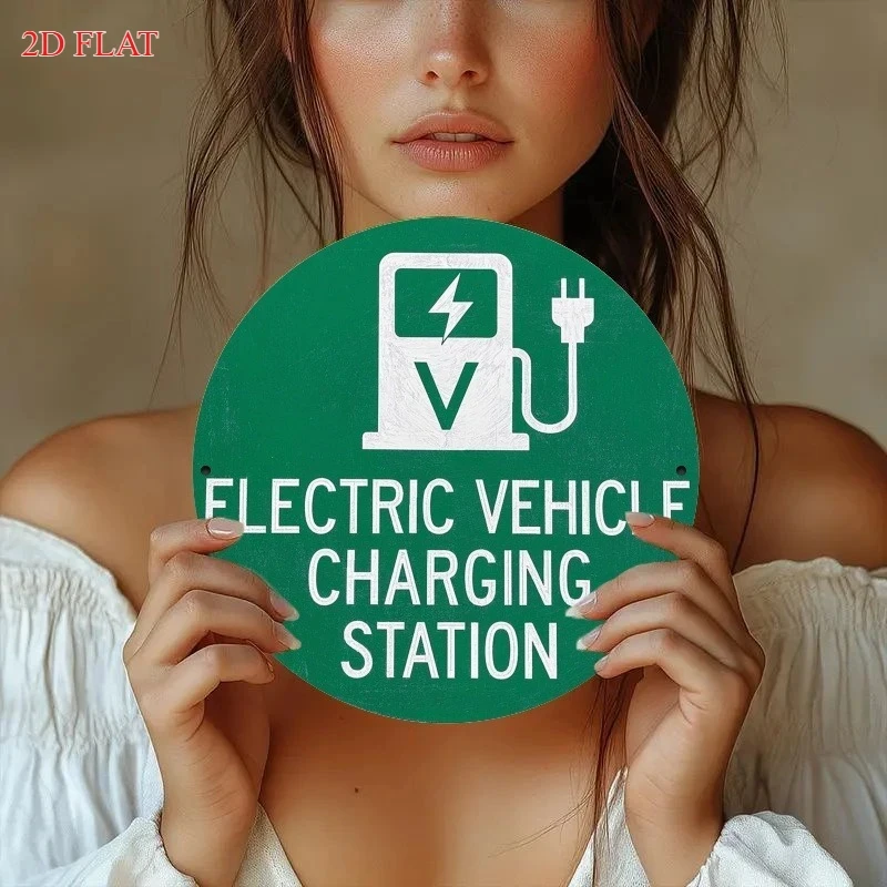 Hd Tin Sign, Electric Vehicle Charging Station Round Metal Wall Art, Vintage Ev Charging Area Warning Sign, Suitable for Garage Parking