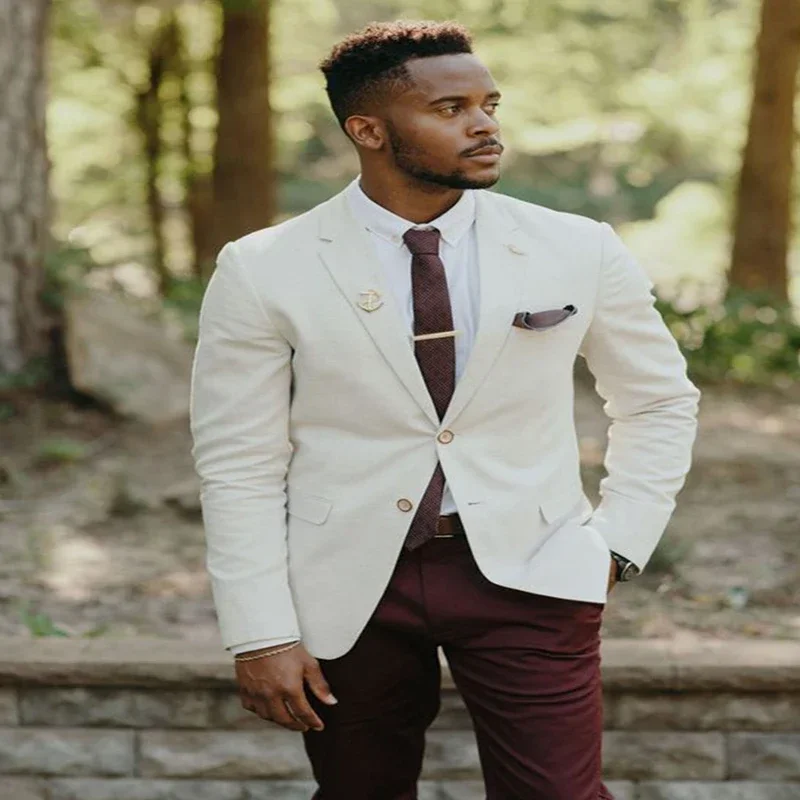 

White Jacket Burgundy Pant Wedding Men Suits Groom Tuxedo Slim Fit Blazer Hombre High Quality Custom 2 Piece Set Costume Homme