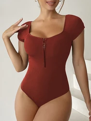 2024 Short Sleeve Swimsuit Women One Piece Solid Swimwear Female Zipper Bathers Bathing Swimming Suit Summer Beachwear Bodysuit