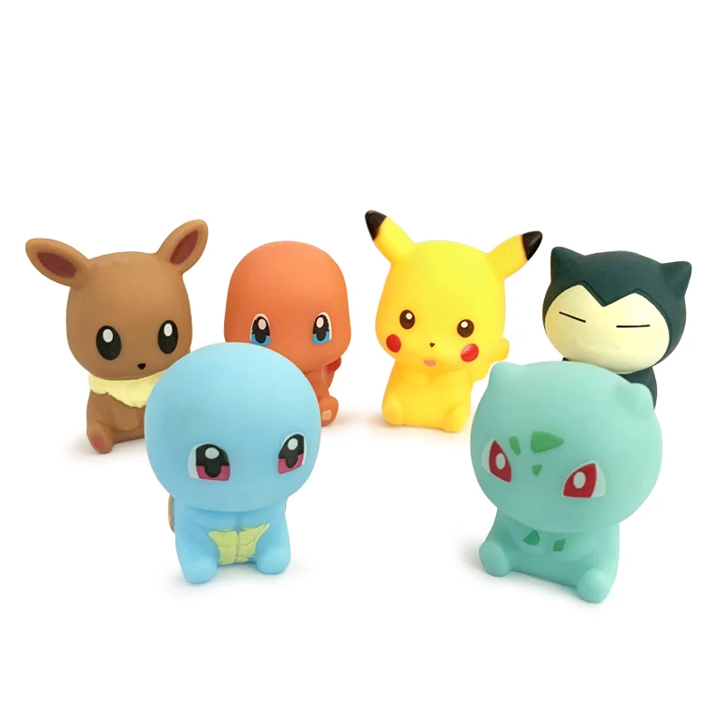 Pokemon Pikachu 6 sztuk zabawki wodne 5-6 CM Squeak & Float zabawka do kąpieli Anime Eevee Snorlax Charmander Squirtle Bulbasaur dla chłopców