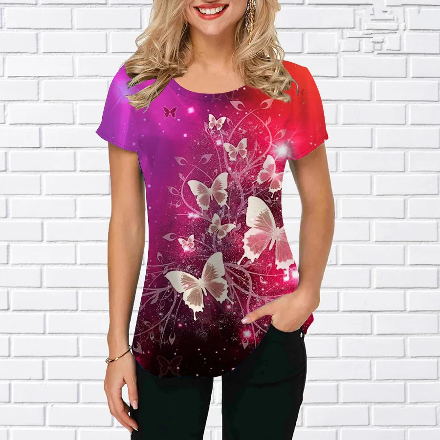 فراشة نمط موضة النساء تي شيرت الصيف قصيرة الأكمام ثلاثية الأبعاد مطبوعة الشارع الهيب هوب السيدات تي شيرت 3XL حجم كبير بلايز عادية