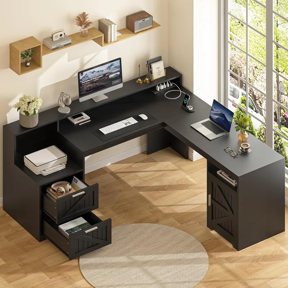 

63" Farmhouse L Shaped Desk with Drawers & Storage Shelf, Corner Computer Desk with Power Outlets for Home Office