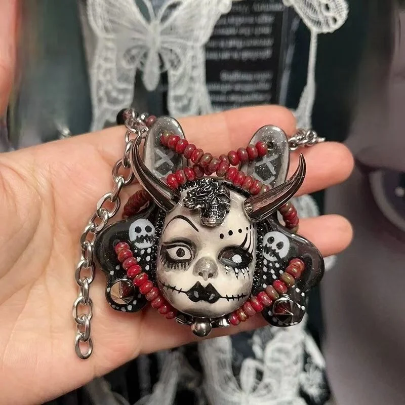 Gothic Devil Skull Necklace Punk, Alloy Pendant Red Beads Chain, Dark Aesthetic Y2K Demon Horns, Choker Jewelry Gift For Women