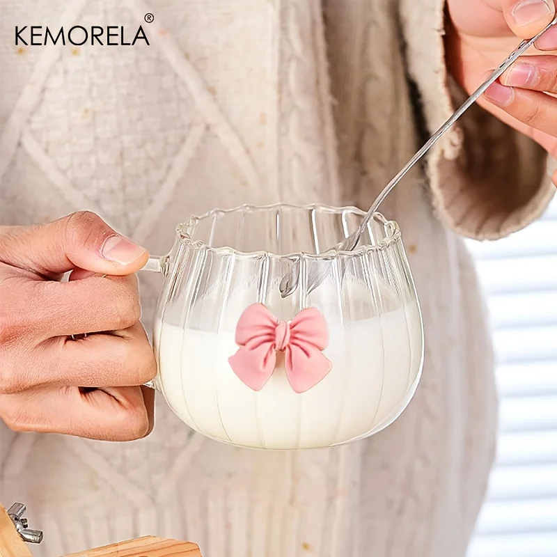 1/2PCS Glass Pumpkin Cups with Pink Bows Vertical Stripes Reusable Leak-Proof Coffee Mugs With Handles for Valentine's Day Gifts