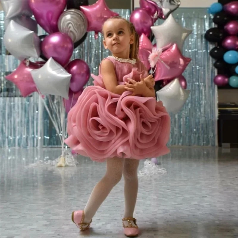 Custom Luxury Dress Female Wedding Guest Gown Girls Sleeveless 3D Rose Ruffle Wedding Dress Luxurious Birthday Party Formal