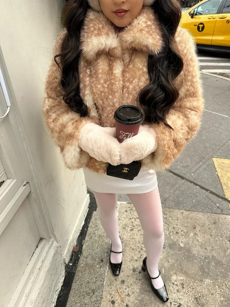 Women Deer Spotted Faux Fur Cropped Jacket Lapel Collar Long Sleeve Loose Fuzzy Short Coat Y2k Vintage Winter Warm Outerwear