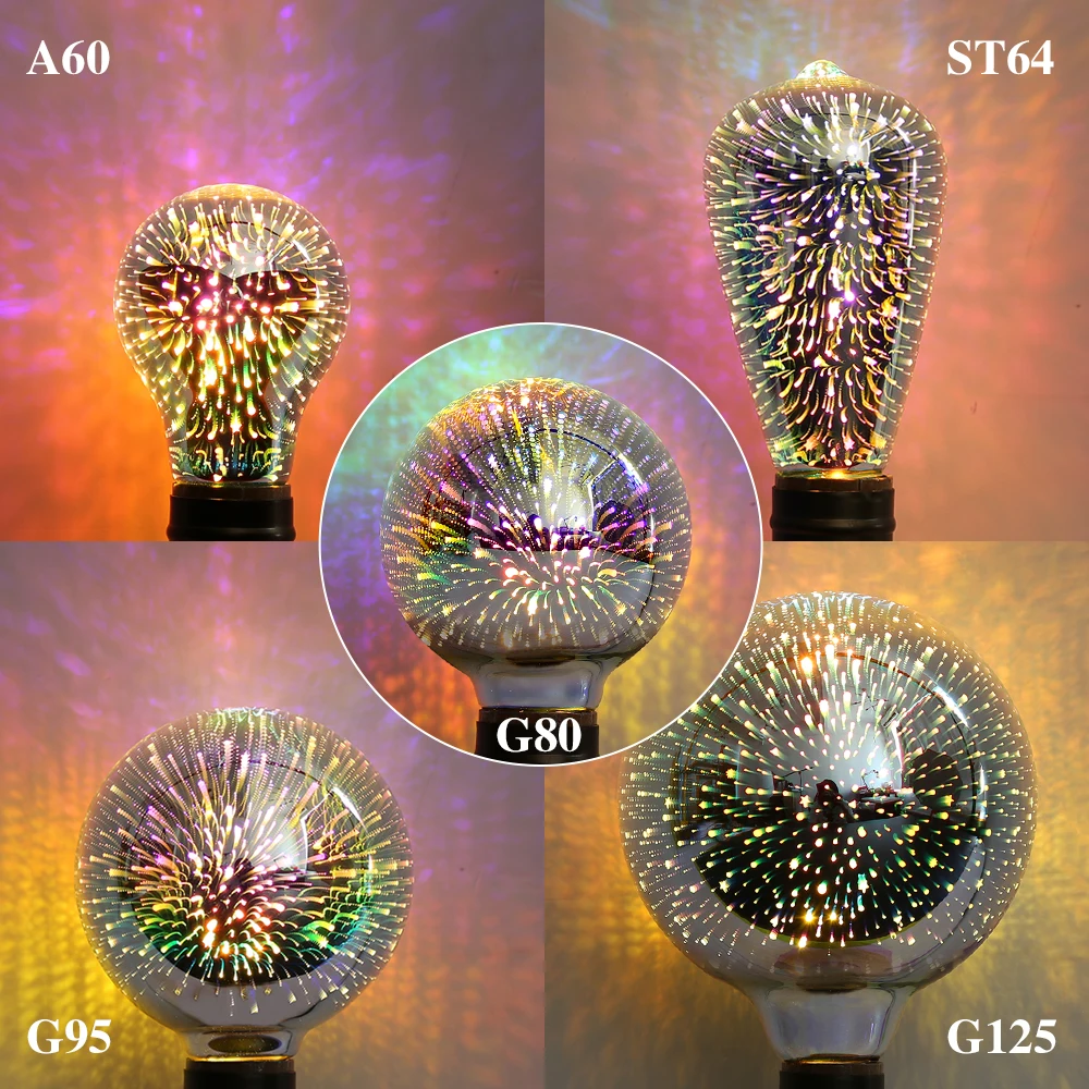 3D Colorful LED Light Bulb E27 220V Vintage Edison Bulb Star Firework Christmas Tree Holiday Night Light Decora Indoor Lighting