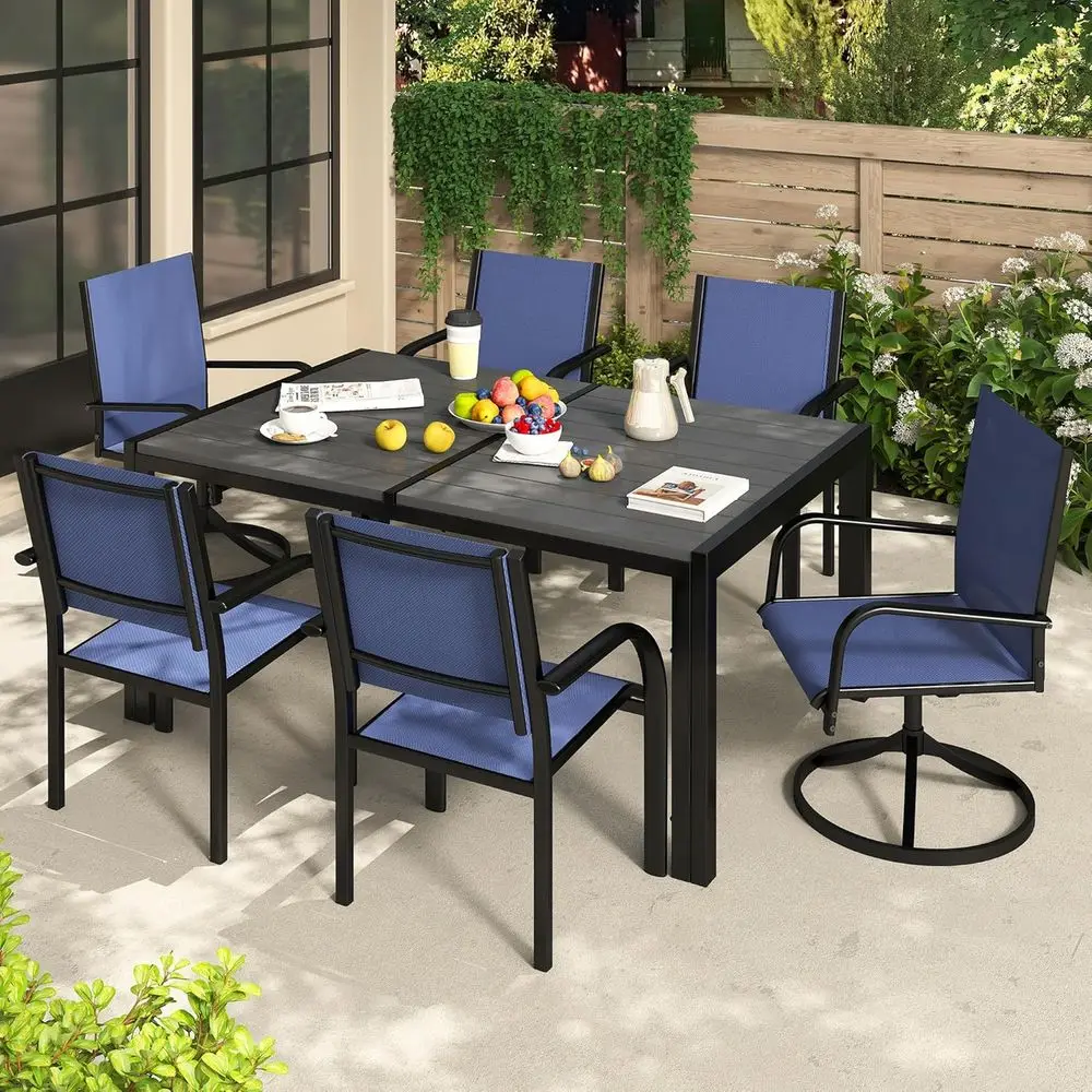 

6-местный комплект для отдыха на открытом воздухе: металлический стол темно-синего цвета с 2 поворотными и 4 стульями из текстилена.