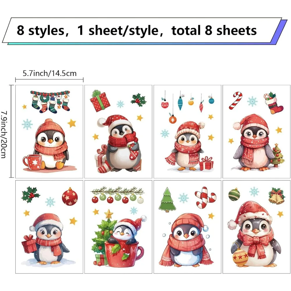 8 Styles Christmas Penguin Window Sticker Winter Gifts Xmas Tree Red Scarf Jingle Bell Decorative Ball Party Supplies