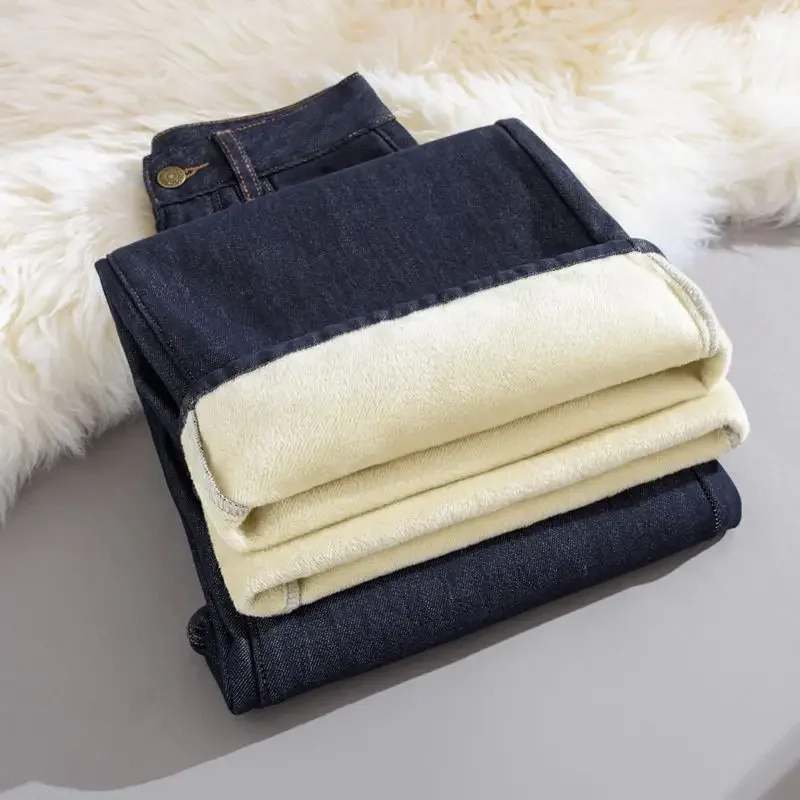 レディース 冬用 フリース裏地 ワイドレッグジーンズ Y2K ルーズ ストレート ブルー トラウザーズ 快適 梨型体型 ファッション トレンド