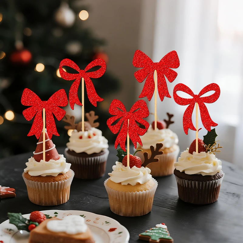 YOMDID 24 Stück Cupcake-Topper mit roten Schleifen, Weihnachts-Bowknot-Kuchenaufsätze, Frohe Weihnachten, Kuchendekorationen, Picks für Partyzubehör