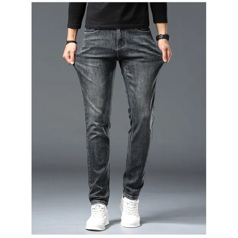 2024 New Tide European high-end light luxury stretch black gray casual MEN\'S denim long pants