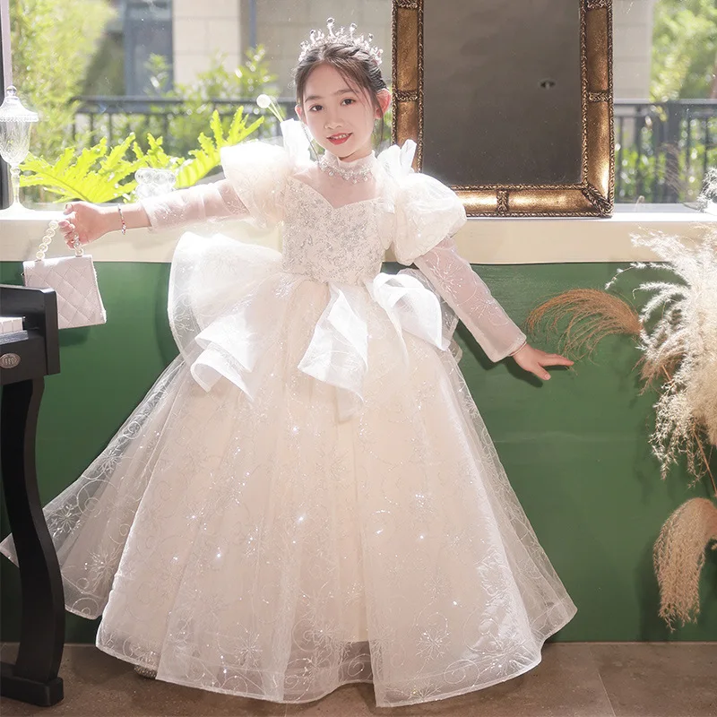 Girls Princess Dress High-end Catwalk Flower Girl Wedding Little Girl Dress Children's Host Piano Performance Dress Long Sleeve