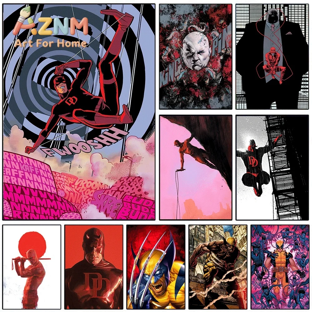 2D Flat Posters & Prints,Daredevil Wolverine Marvel Superhero Comic Canvas Wall Art,2D Flat Frameless Print,Home Decor for Boy