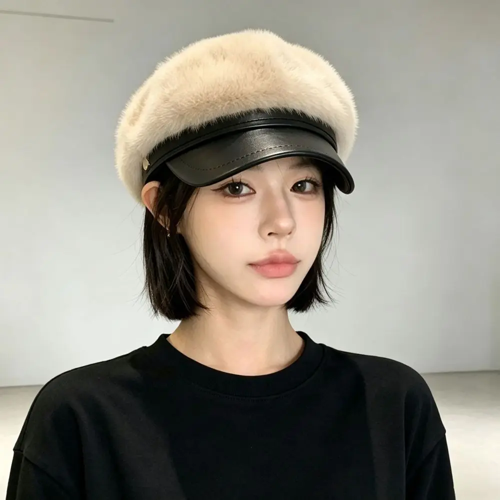 Soft Touch Faux Mink Fur Newsboy Cap Adjustable PU Brim Winter Hat Octagonal Shape Navy Hat Winter Daily