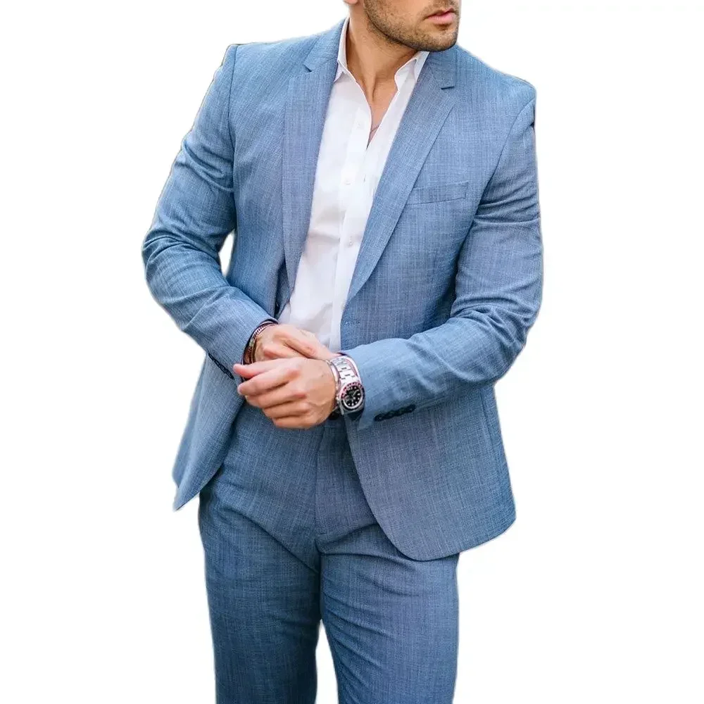 Niebieski Lniany Garnitur Męski Elegancki Wysokiej Jakości Slim Fit Marynarka Hombre Summer Business Smart Casual Niestandardowy 2-częściowy Zestaw Kostium Homme