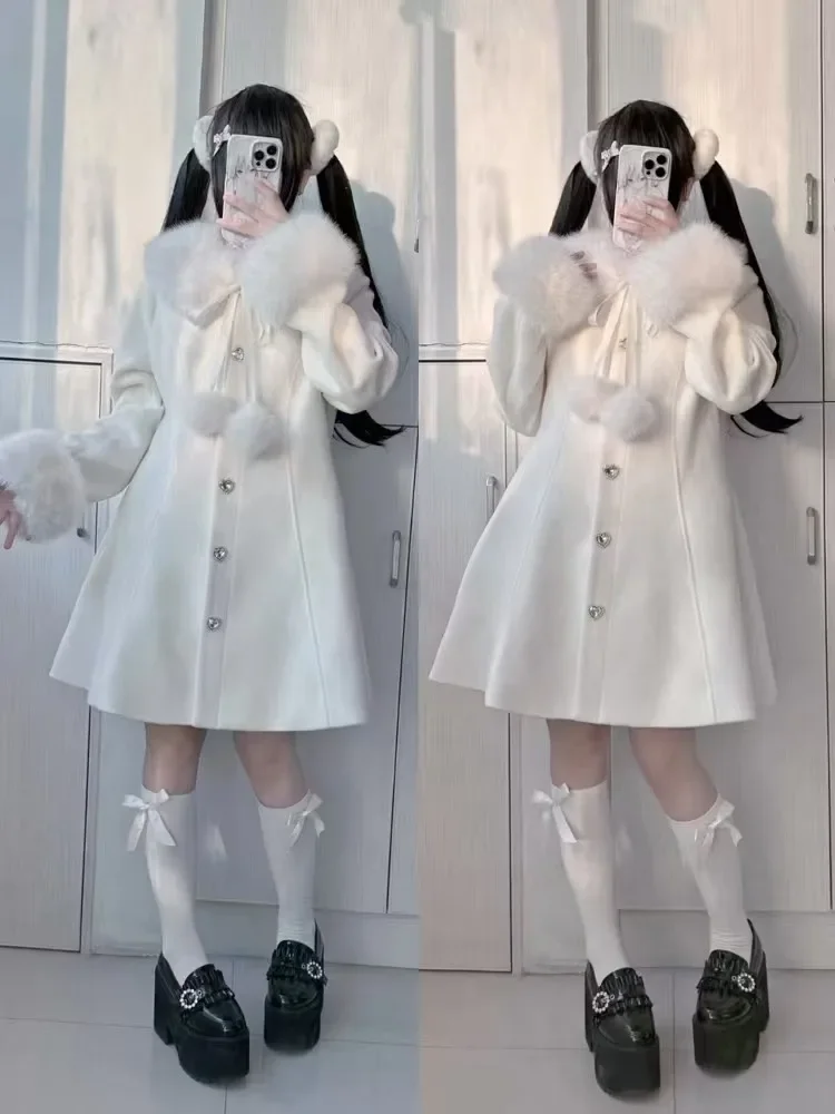 Japanische elegante süße Lolita Wollmäntel Pelzkragen Schleife einreihig langärmelige A-Linie lange Wolljacke Mantel Frauen Winter