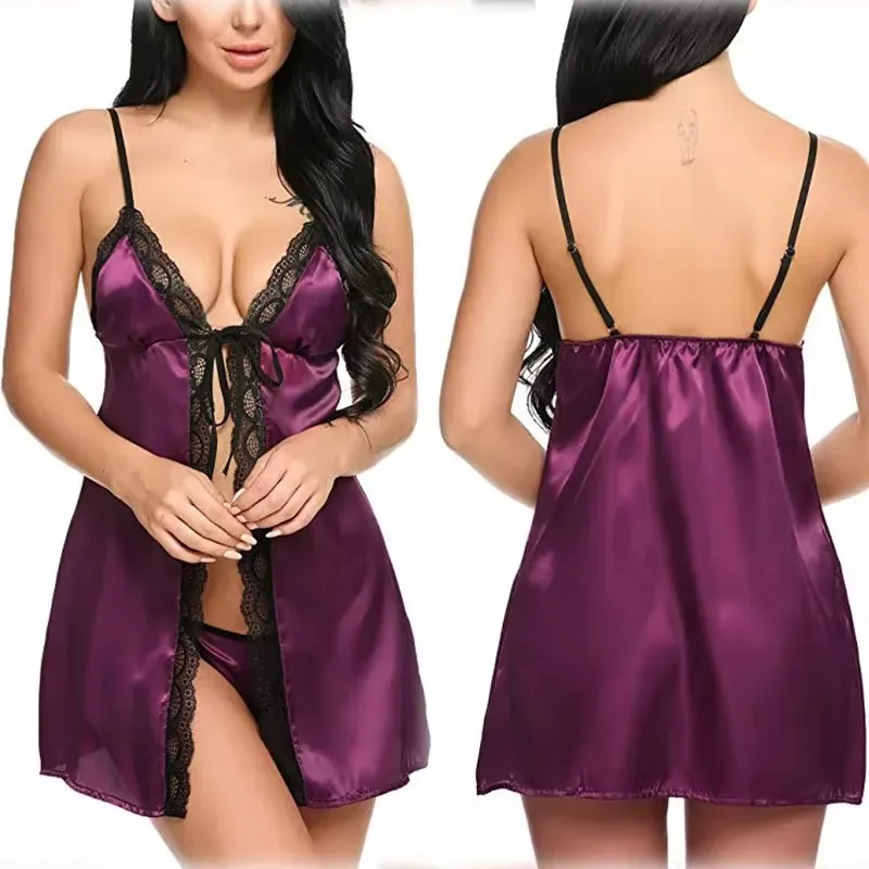 Sexy Lingerie Women's Pajamas Dress Front Cardigan Night Dress Women Nightgown Suspender Lace Sleep Dress Sleepwear for Sleeping