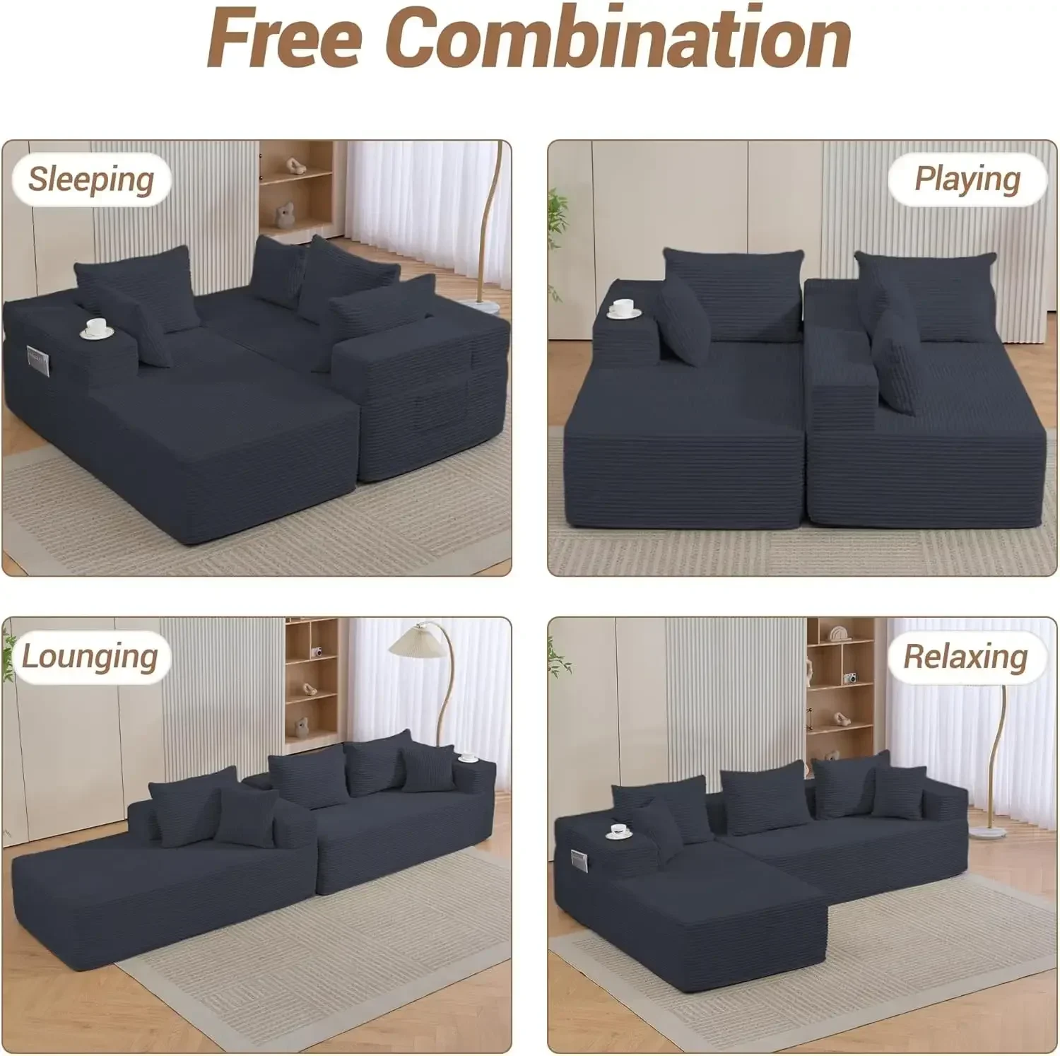 105'' Modular L-Shaped Boneless Sectional, Corduroy Deep Seat Cloud Sectional Couch, Small Space Sofa for Apartment Living Room