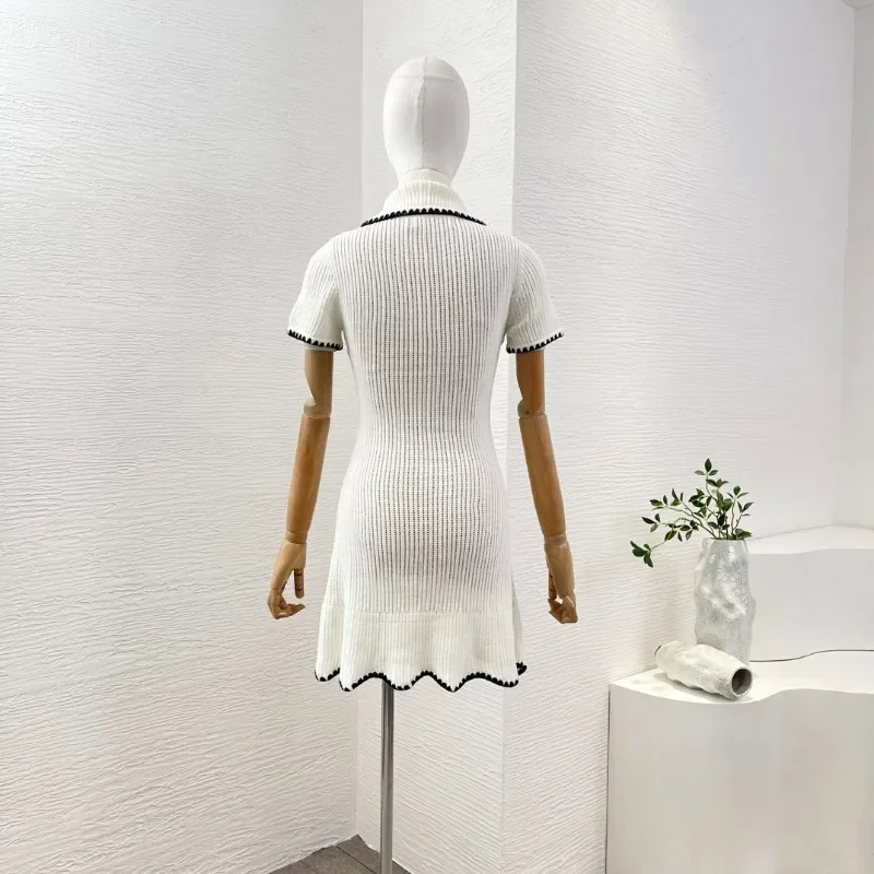 Women's Mini Dress Ivory White Contrasting Colors Hand Crochet Edge Knitting Elegant New High Quality 2024