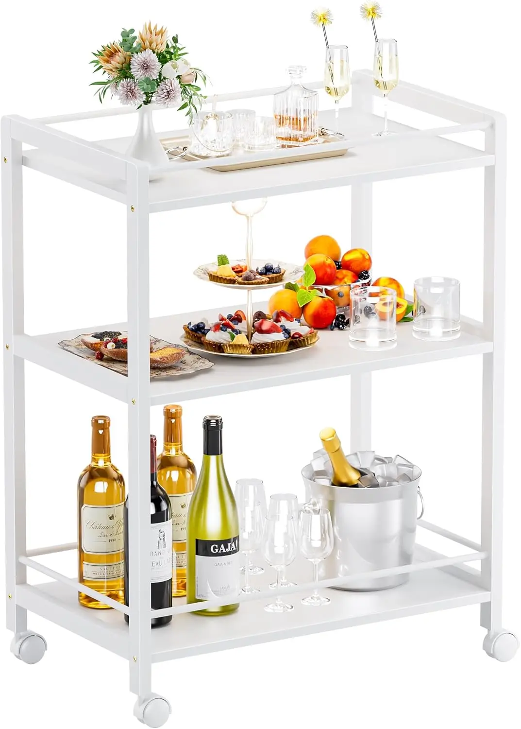 

White Bar Cart, Home Bar Serving Cart, Kitchen Trolley on Wheels with Storage, 3 Tier Rolling Beverage Cart for Living Ro
