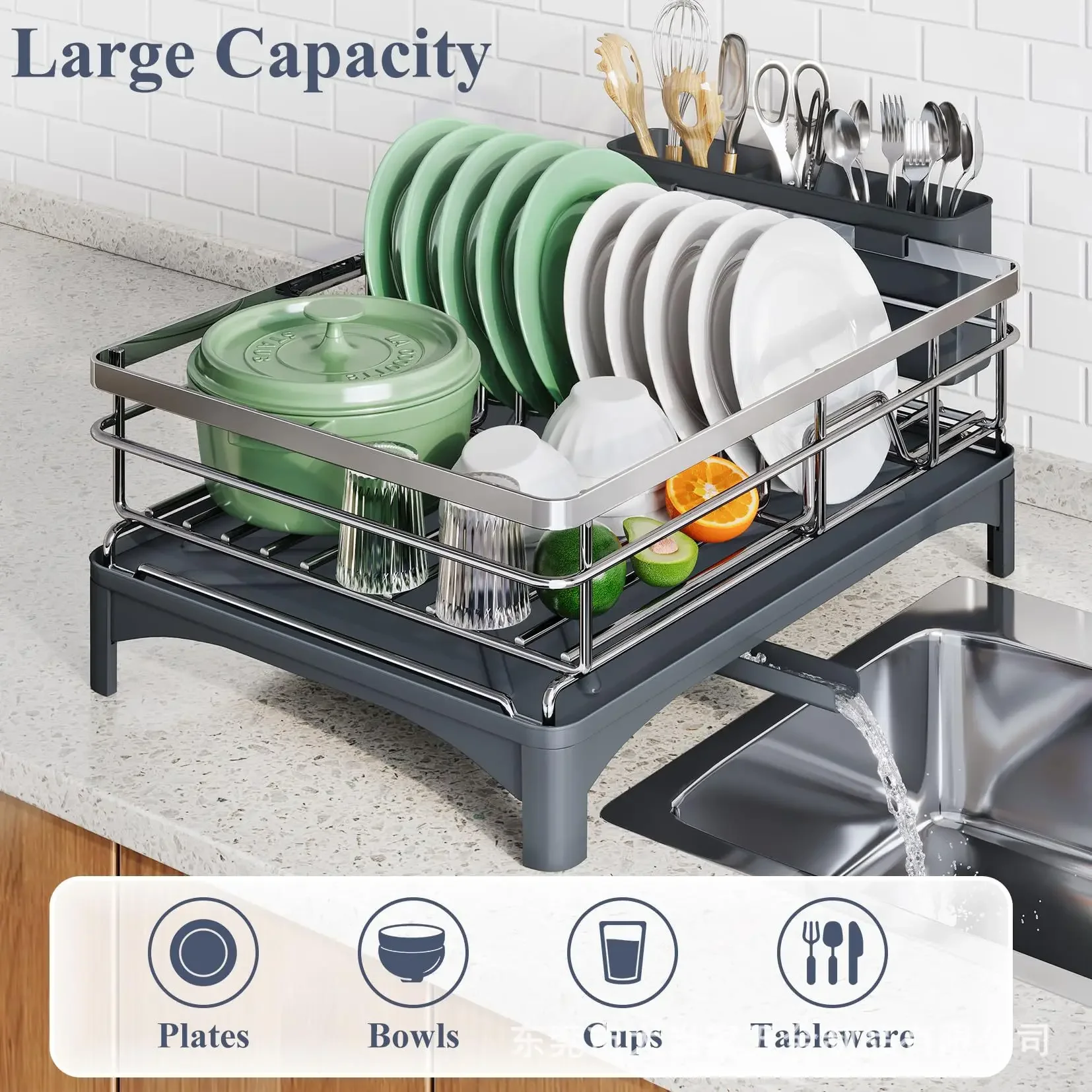 Stainless Steel Dish Drying Rack with Drainer Board,Kitchen Counter Plates Bowls Organization and Storage,Cutlery Utensil Holder