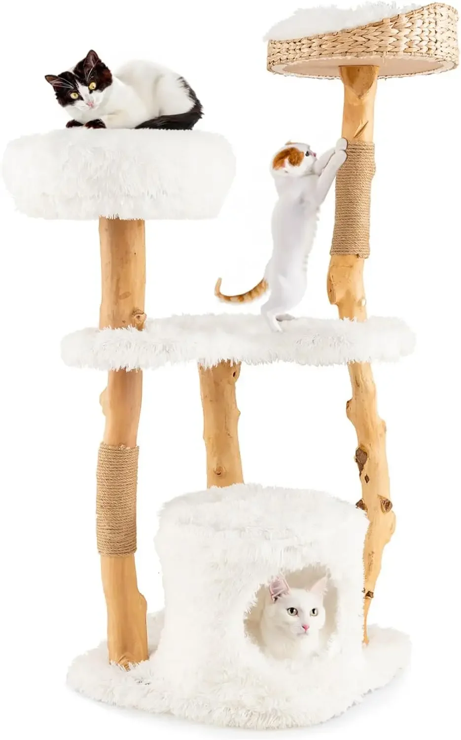 

Cat Tree for Indoor Cats, Solid Wood Modern Cat Tower with Top Cattail Basket Cat Bed, Side Perch, Large Platform & Condo