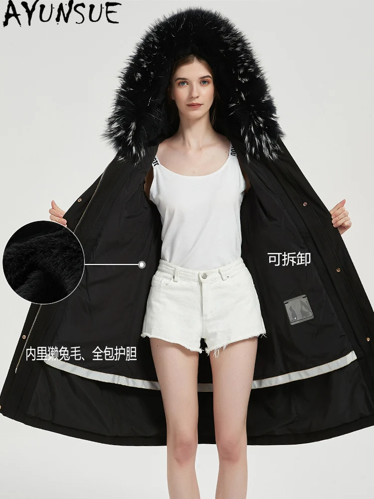 AYUNSUE-abrigo de piel de conejo Rex, Parka de piel auténtica 2025, ropa de invierno para mujer, abrigos cálidos con Cuello de piel de zorro de longitud media para mujer, abrigos femeninos de longitud media