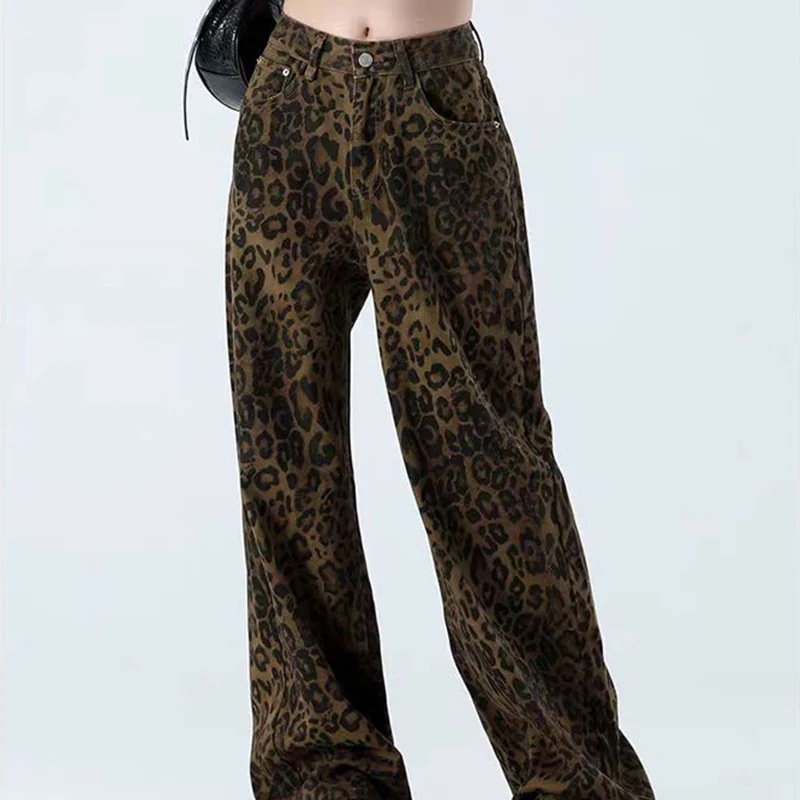 Pantalon léopard ample Vintage pour femme, boutonné, taille haute, classique, jambes larges, survêtement Mujer, automne hiver