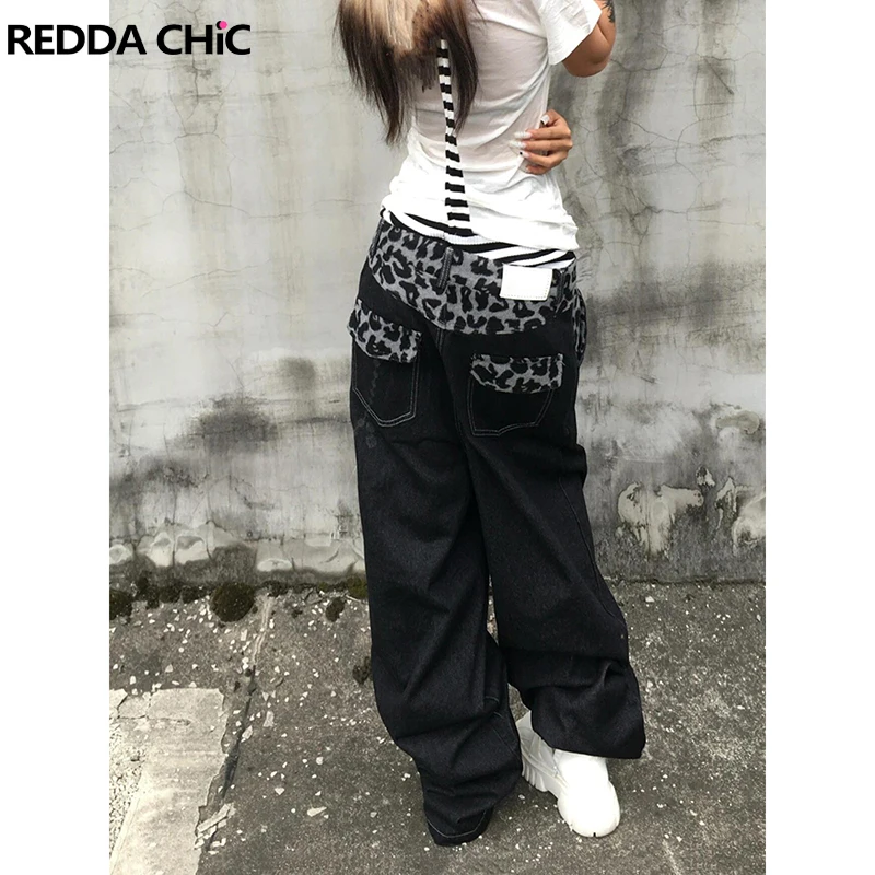 

REDDACHiC мешковатые джинсы с леопардовой строчкой, женские модные винтажные свободные широкие брюки с цепочкой и низкой талией, уличная одежда в стиле Харадзюку