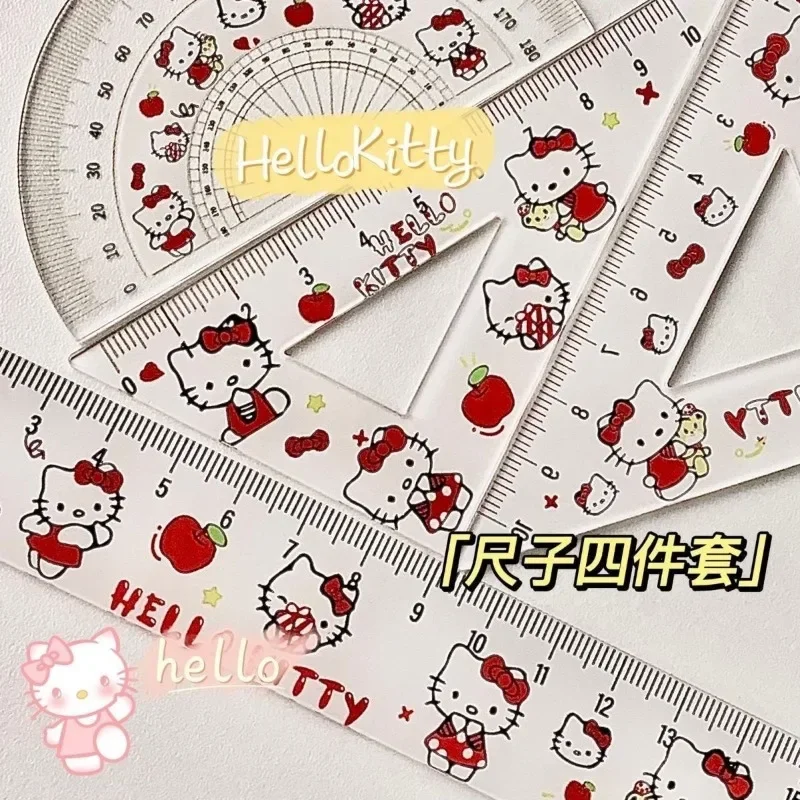 Hello Kitty Anime Kawaii Sanrio Ins Children Ruler Set Cute Cartoon School Supplies Student Stationery Set Triangle Kids Gifts